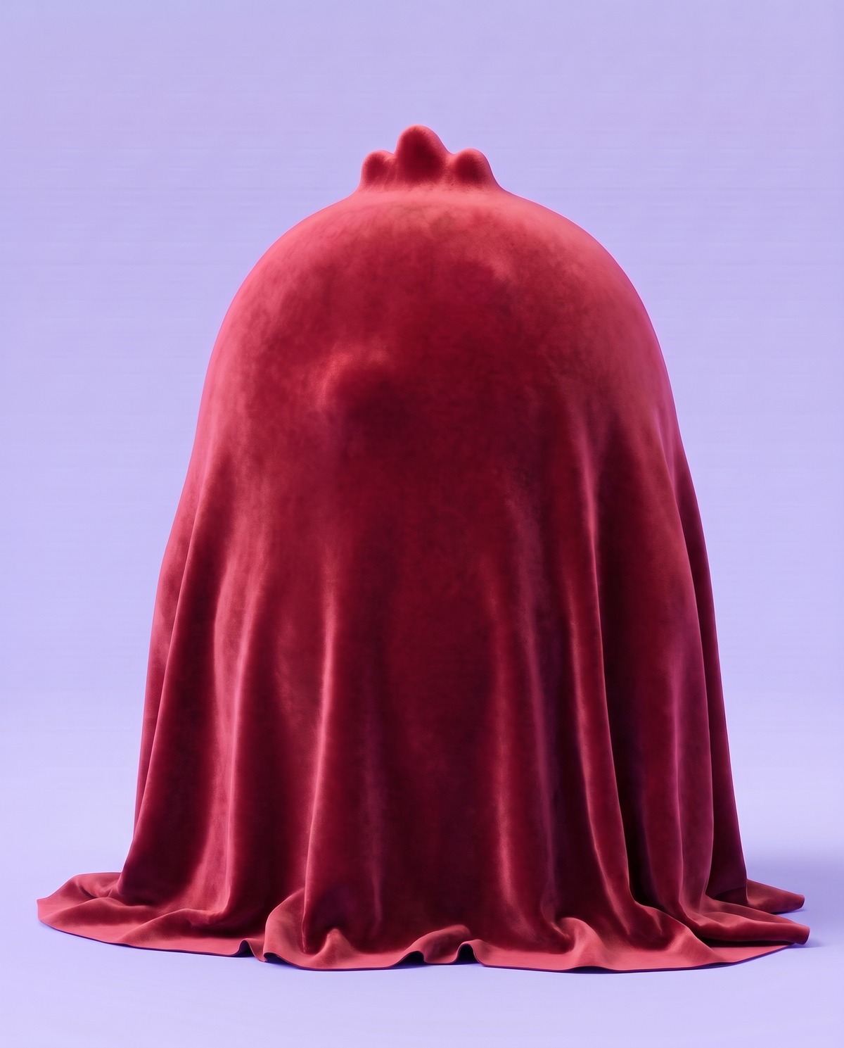 Een kleine gestalte, volledig verborgen onder een rood fluwelen doek